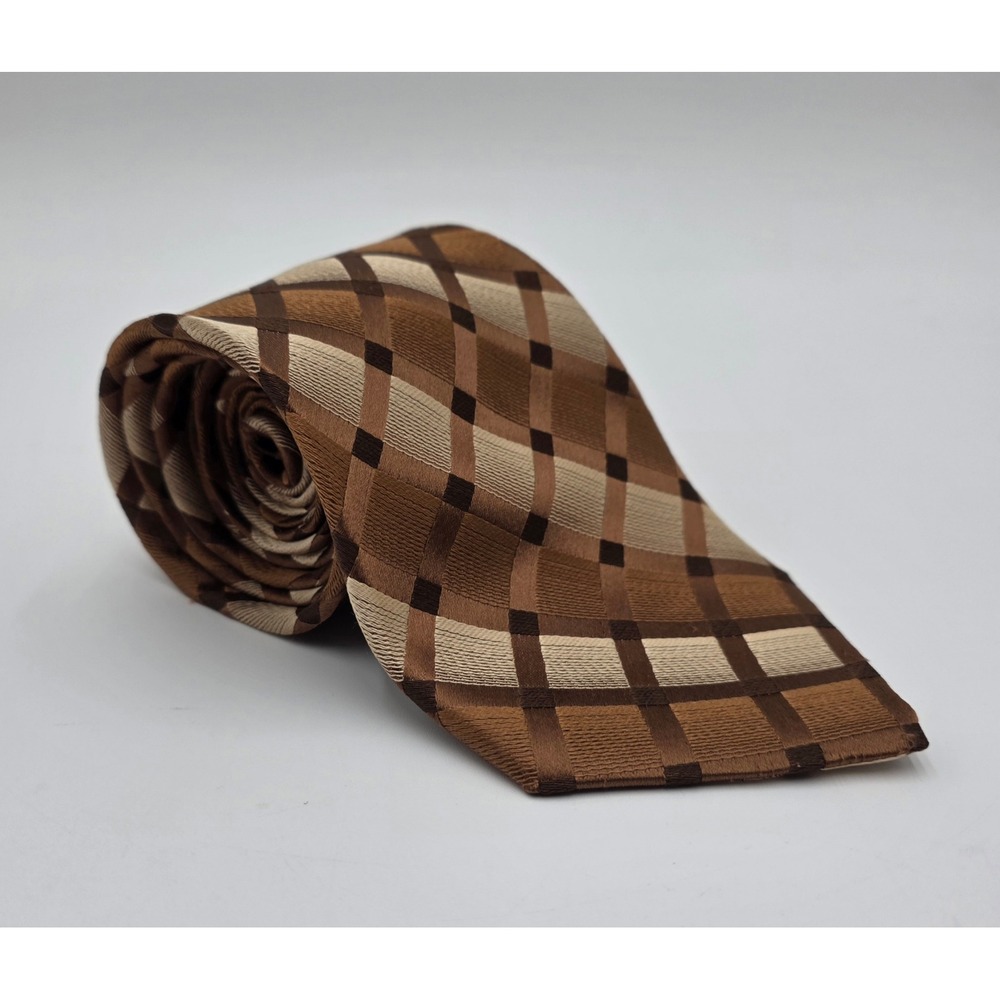 Nubio Collezione Esclusivo Men's Silk Tie Brown Tan Plaid Check Wide 4 Inch